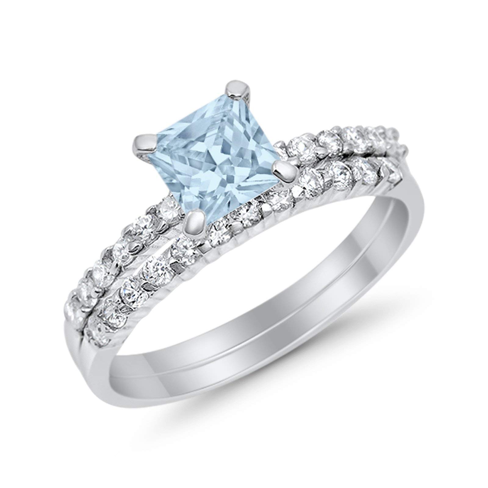 Blue Apple Co. Simulated Aquamarine Cubic Zirconia Size-7 Wedding Engagement Ring Band Bridal Set Princess Cut Round Simulated Cubic Zirconia 925 Sterling Silver