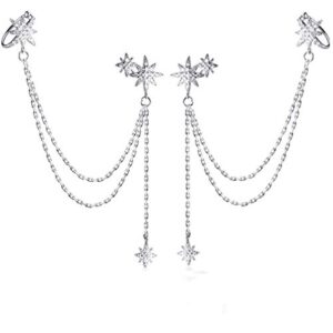 sluynz 925 sterling silver fashion star cuff earring chain for women star crawler earring wrap earrings (pair-silver)