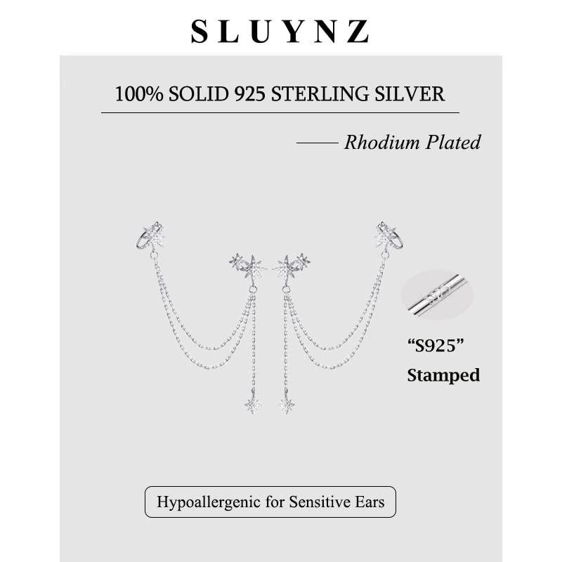 SLUYNZ 925 Sterling Silver Fashion Star Cuff Earring Chain for Women Star Crawler Earring Wrap Earrings (Pair-Silver)