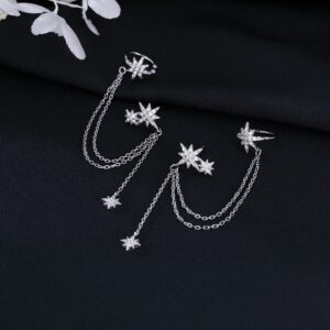 SLUYNZ 925 Sterling Silver Fashion Star Cuff Earring Chain for Women Star Crawler Earring Wrap Earrings (Pair-Silver)