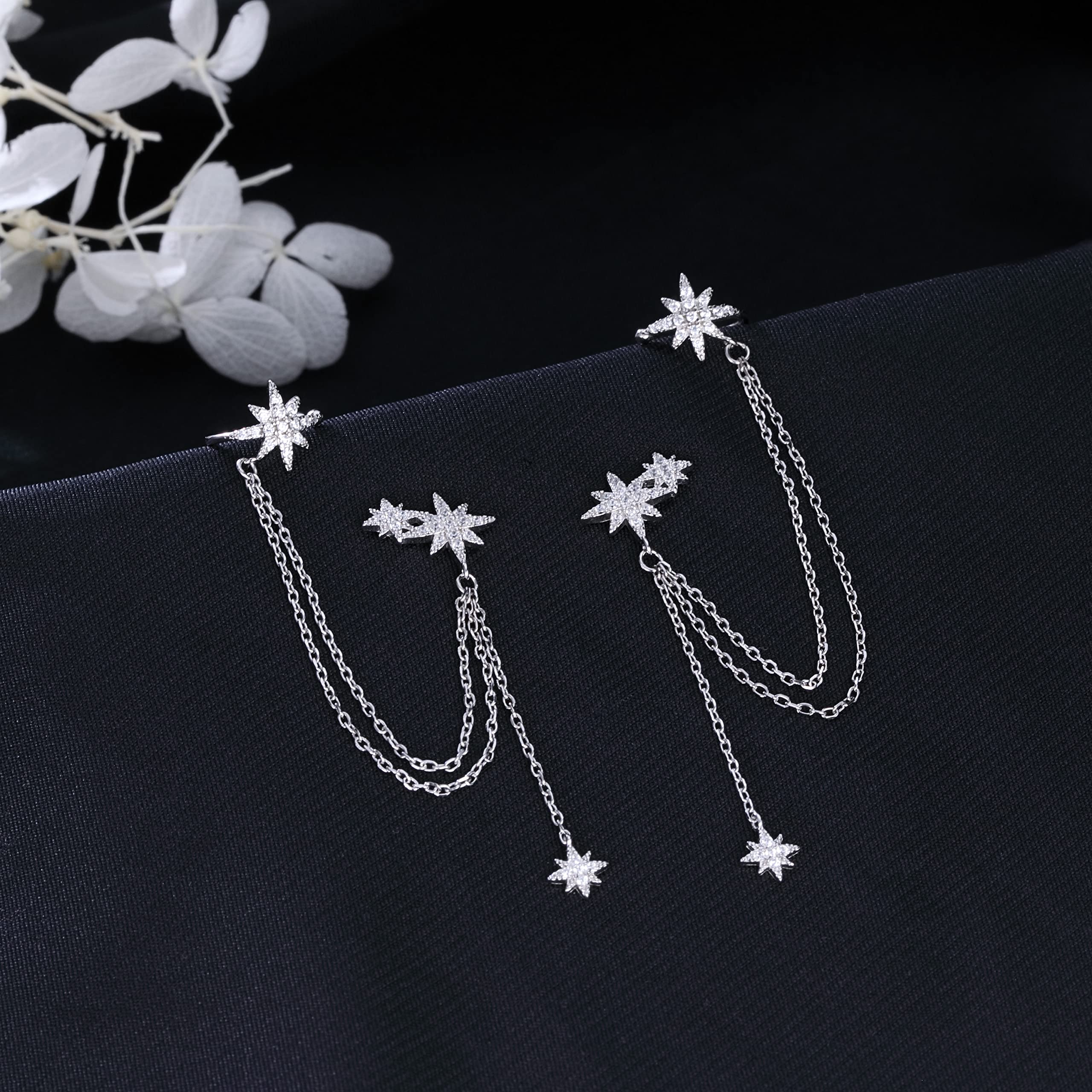 SLUYNZ 925 Sterling Silver Fashion Star Cuff Earring Chain for Women Star Crawler Earring Wrap Earrings (Pair-Silver)