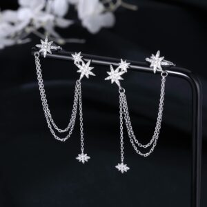 SLUYNZ 925 Sterling Silver Fashion Star Cuff Earring Chain for Women Star Crawler Earring Wrap Earrings (Pair-Silver)