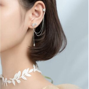 SLUYNZ 925 Sterling Silver Fashion Star Cuff Earring Chain for Women Star Crawler Earring Wrap Earrings (Pair-Silver)