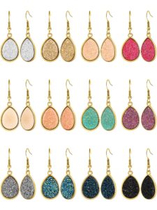 12 pairs faux druzy drop earrings crystal pendant dangle earrings multicolor stainless steel earrings for women