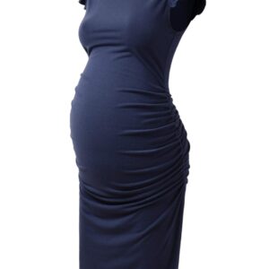 Bhome Maternity Dress Flying Sleeve Casual Pregnancy Summer Dresses Navy Blue M