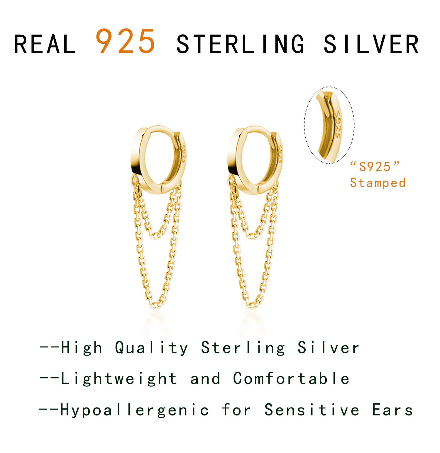 Reffeer Solid 925 Sterling Silver Tassel Chain Drop Dangle Small Hoop Earrings Huggie for Women Teen (C-Gold)