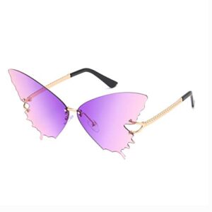 YAMEIZE Fashion Butterfly Rimless Sunglasses for Women Vintage Metal Frame Eyewear UV Protection (PURPLE PINK)