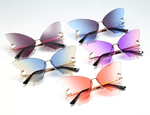 YAMEIZE Fashion Butterfly Rimless Sunglasses for Women Vintage Metal Frame Eyewear UV Protection (PURPLE PINK)