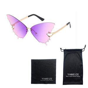 YAMEIZE Fashion Butterfly Rimless Sunglasses for Women Vintage Metal Frame Eyewear UV Protection (PURPLE PINK)