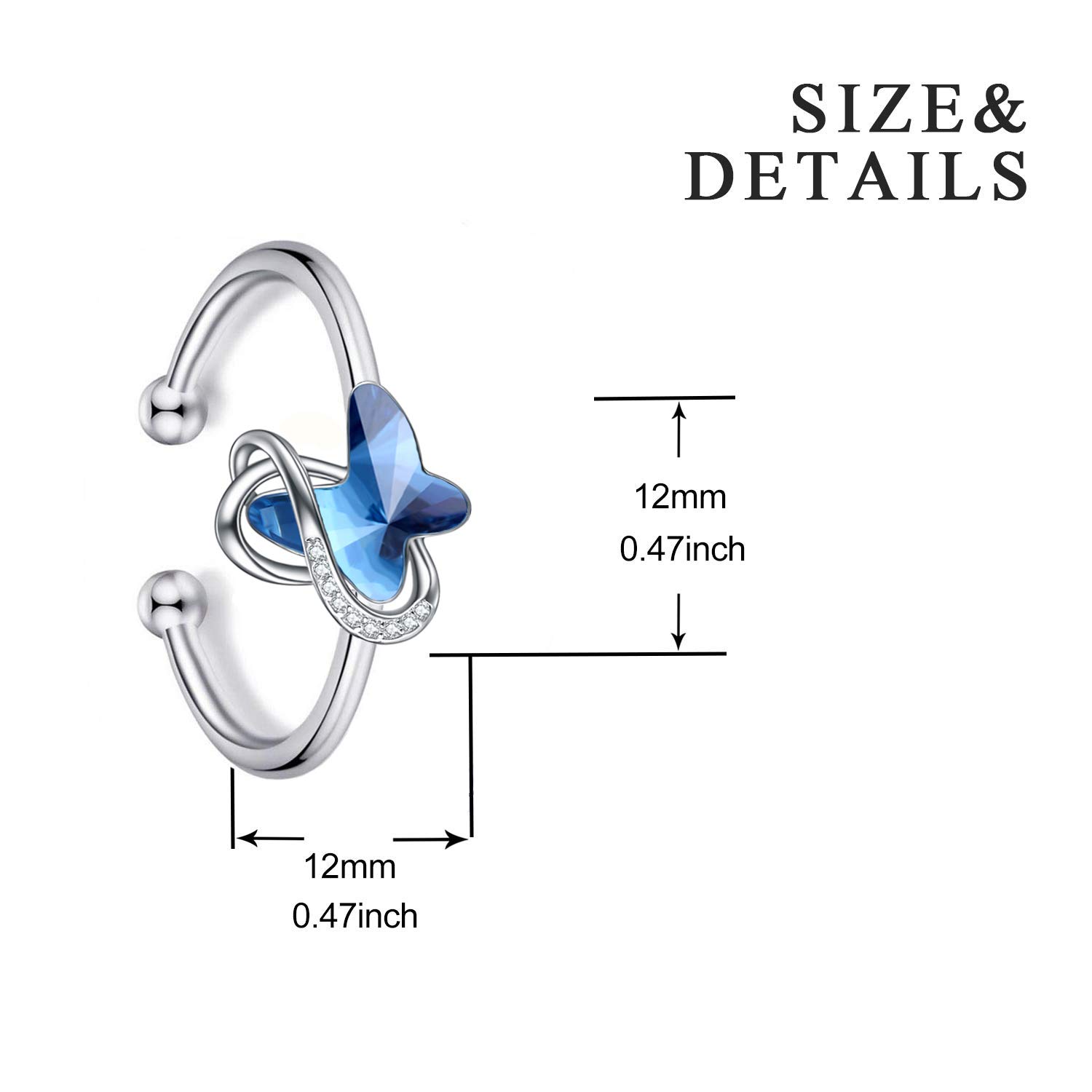 AOBOCO Infinity Butterfly Ring Sterling Silver Women Ring with Crystals from Austria, Fine Anniversary Birthday Butterfly Jewelry Gifts for Her(Blue)