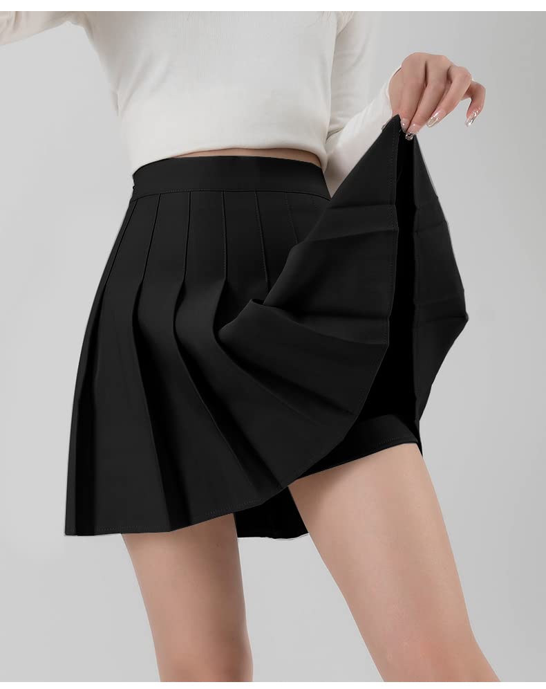 Women Girls 2024 high Waisted Pleated Skater Tennis School Skirt Uniform Skirts A-Black