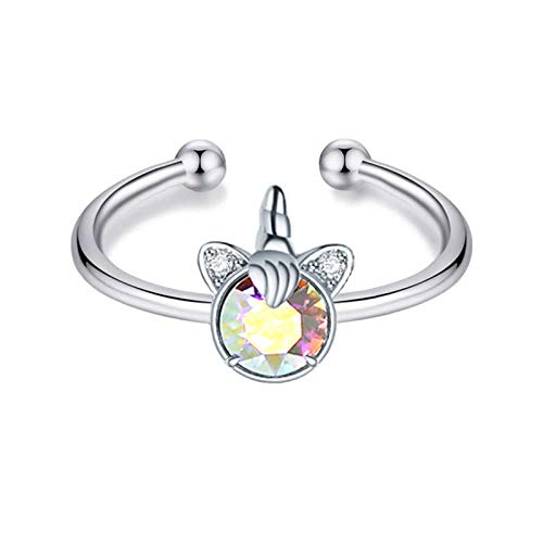 AOBOCO Sterling Silver Unicorn Ring, Aurore Boreale Crystal from Austria, Hypoallergenic Adjustable Open Ring, Anniversary Birthday Unicorn Jewelry Gifts for Women Daughter Girlfriend