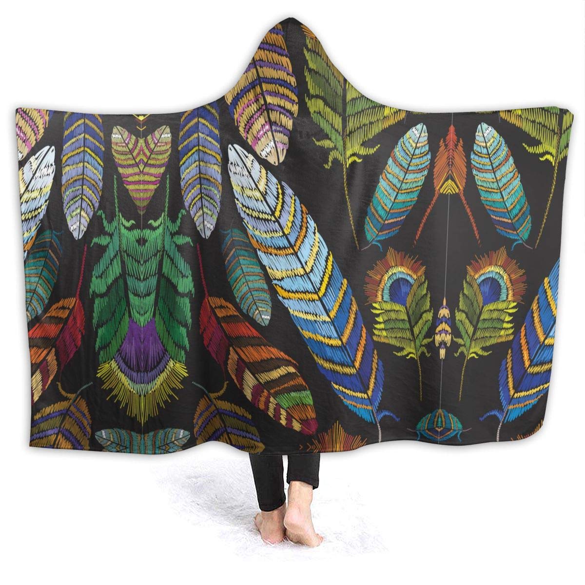 321DESIGN Bird Feather Wearable Blanket Fleece Hooded Robe Cloak Throw Quilt Poncho Microfiber Sherpa Plush Warm Wrap Multiple-Size Cape Adult Size 80 x 60 Inch