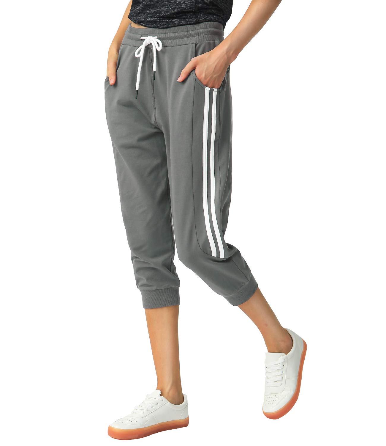 SPECIALMAGIC Women's Capri Pants Cropped Joggers with Pockets Elastic Waist Drawstring Capri Sweatpants Dark Grey Large