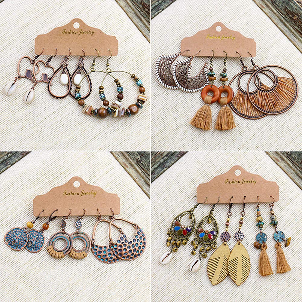 Boho Dangle Earrings Set for Women Long Tassel Dangles Earrings National Style Leather Leaf Drop Earrings Vintage Heart Shell Wooden Beads Hoop Earrings for Holiday