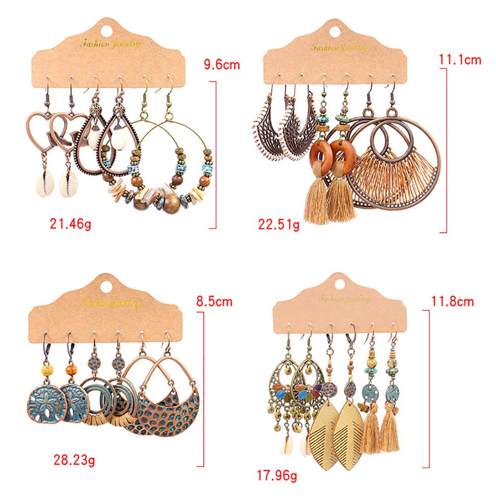 Boho Dangle Earrings Set for Women Long Tassel Dangles Earrings National Style Leather Leaf Drop Earrings Vintage Heart Shell Wooden Beads Hoop Earrings for Holiday