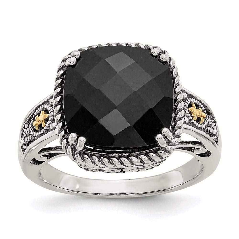 925 Sterling Silver and 14k Yellow Gold Onyx Ring Fine Jewelry For Women Gifts For Her, Size 7