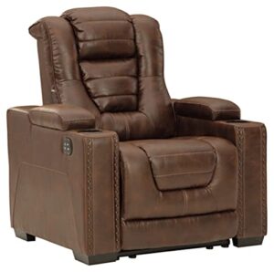 signature design by ashley owner's box faux leather power recliner with adjustable headrest, brown