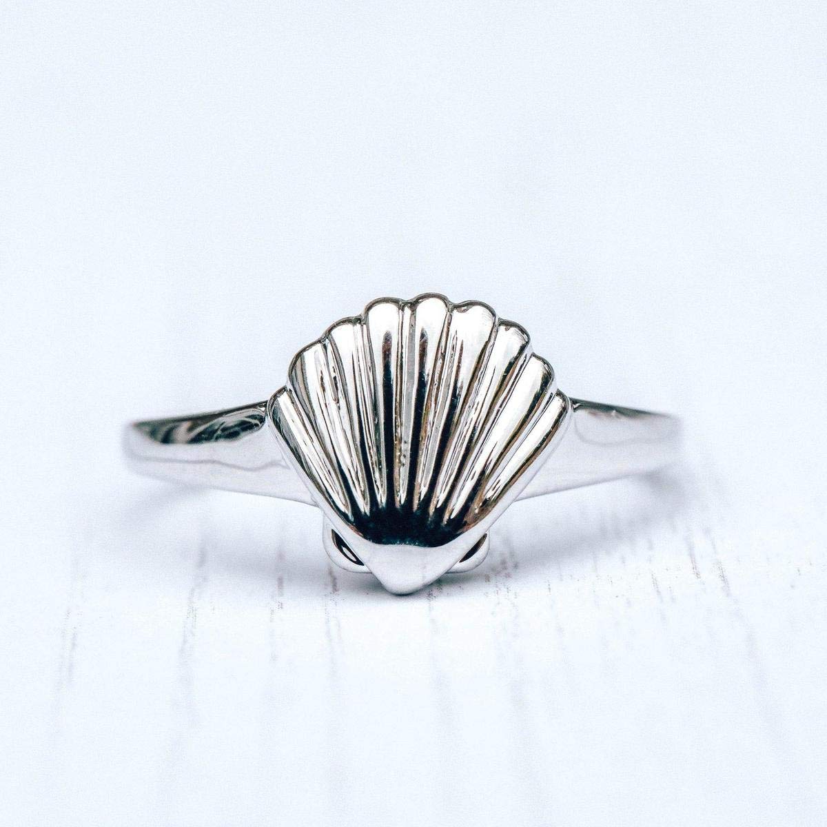 Pura Vida Silver Shell Signet Ring - Brass Base Band, Rhodium Plating - Size 8