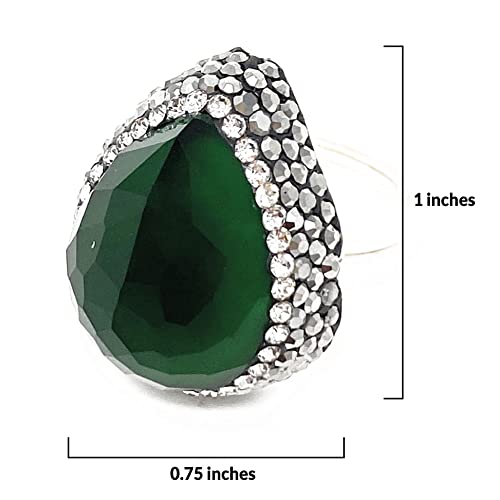 Duel On Jewel Turkish Silver Rhodium Ottoman Sultan Womens Cocktail Teardrop Adjustable Ring Size 6 to 8 in Green Zircon and Accents - Gifts For Mothers Day Bride Wedding Party