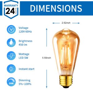 ANWIO Vintage Edison Light Bulb ST21 LED Filament Bulb 5W(40 Watt Equivalent) Dimmable 2500K (Amber Glow) Warm White E26 Medium Base, Amber Glass Cover,6 Pack