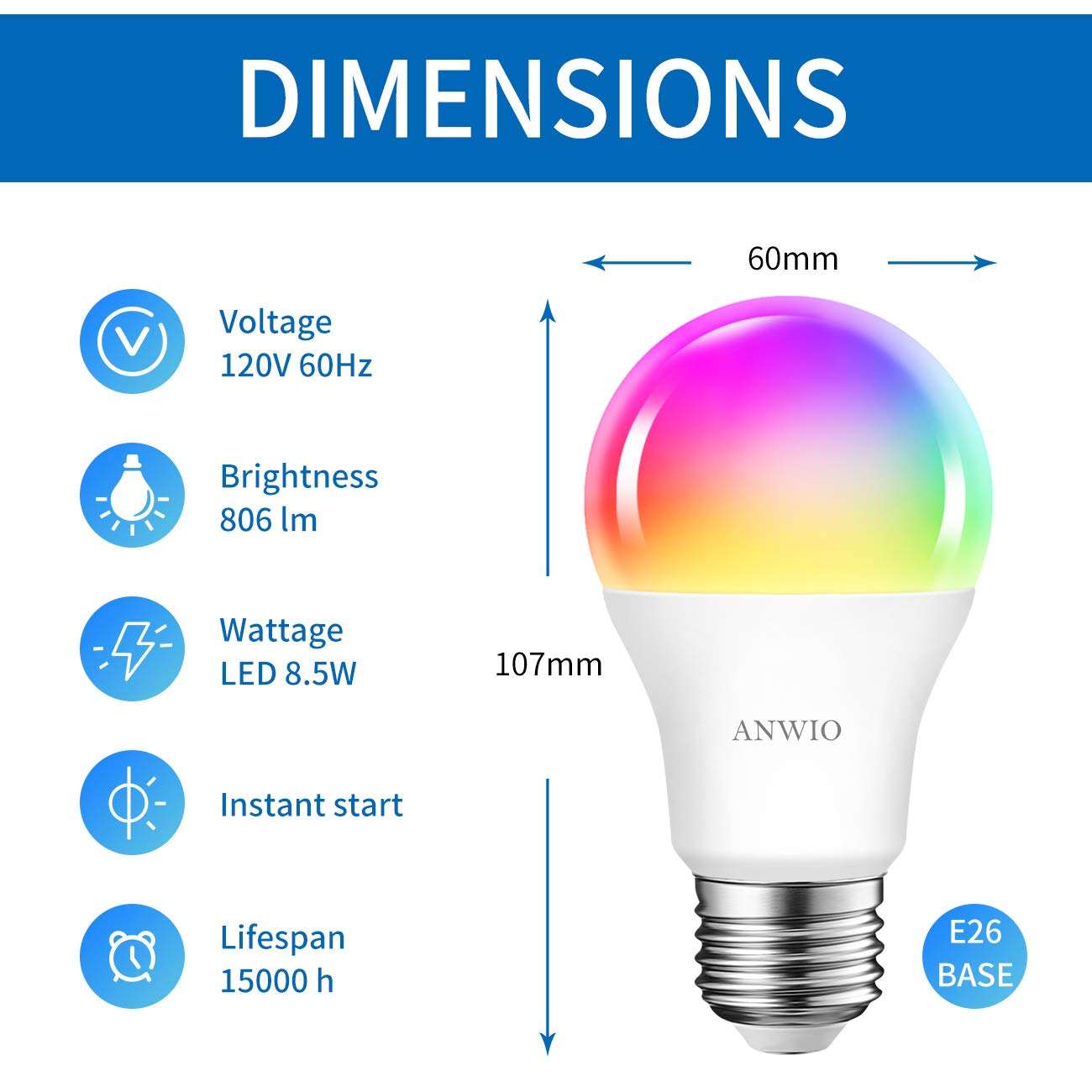 ANWIO 2-Pack Smart Light Bulbs 8.5W (60W Replacement) A19 E26 LED Bulb Work with Alexa, Google Assistant, Smart Life App, Tuya App, Color Changing, No Hub Required