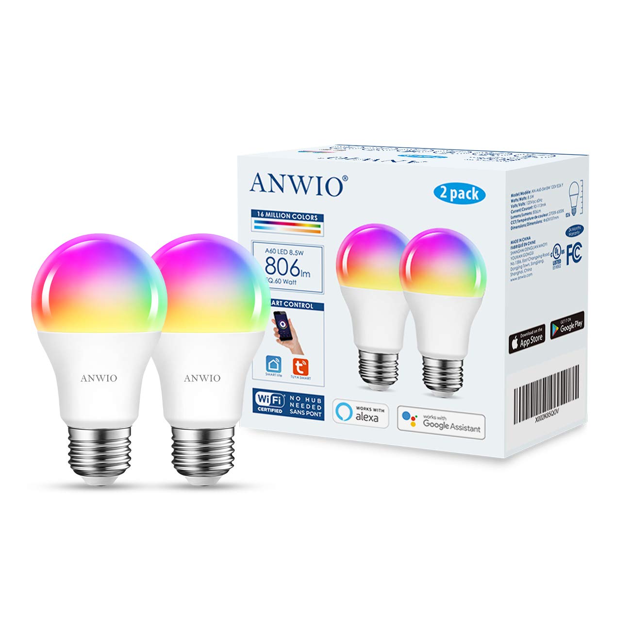 ANWIO 2-Pack Smart Light Bulbs 8.5W (60W Replacement) A19 E26 LED Bulb Work with Alexa, Google Assistant, Smart Life App, Tuya App, Color Changing, No Hub Required