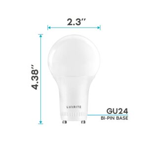 LUXRITE A19 LED GU24 Light Bulb, 60W Equivalent, 3000K Soft White, Enclosed Fixture Rated, 800 Lumens, Dimmable Twist Lock Light Bulbs, Damp Rated, UL Listed, GU24 Base (4 Pack)