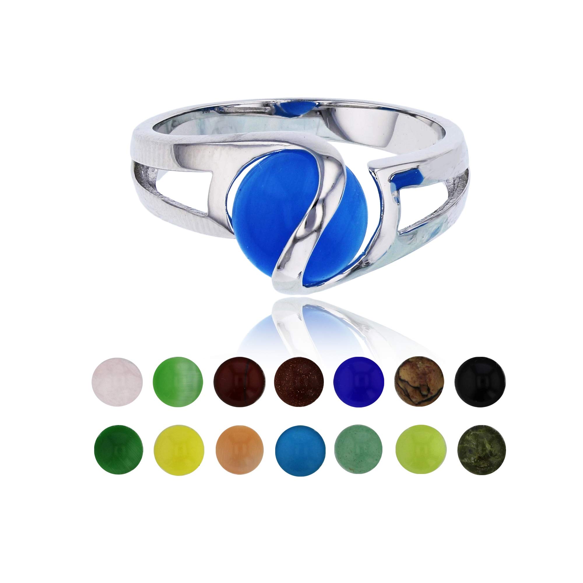 925 Sterling Silver Genuine and Simulated 14 Color Interchangeable Gemstone Set Magic Sphere Fashion Ring, Size