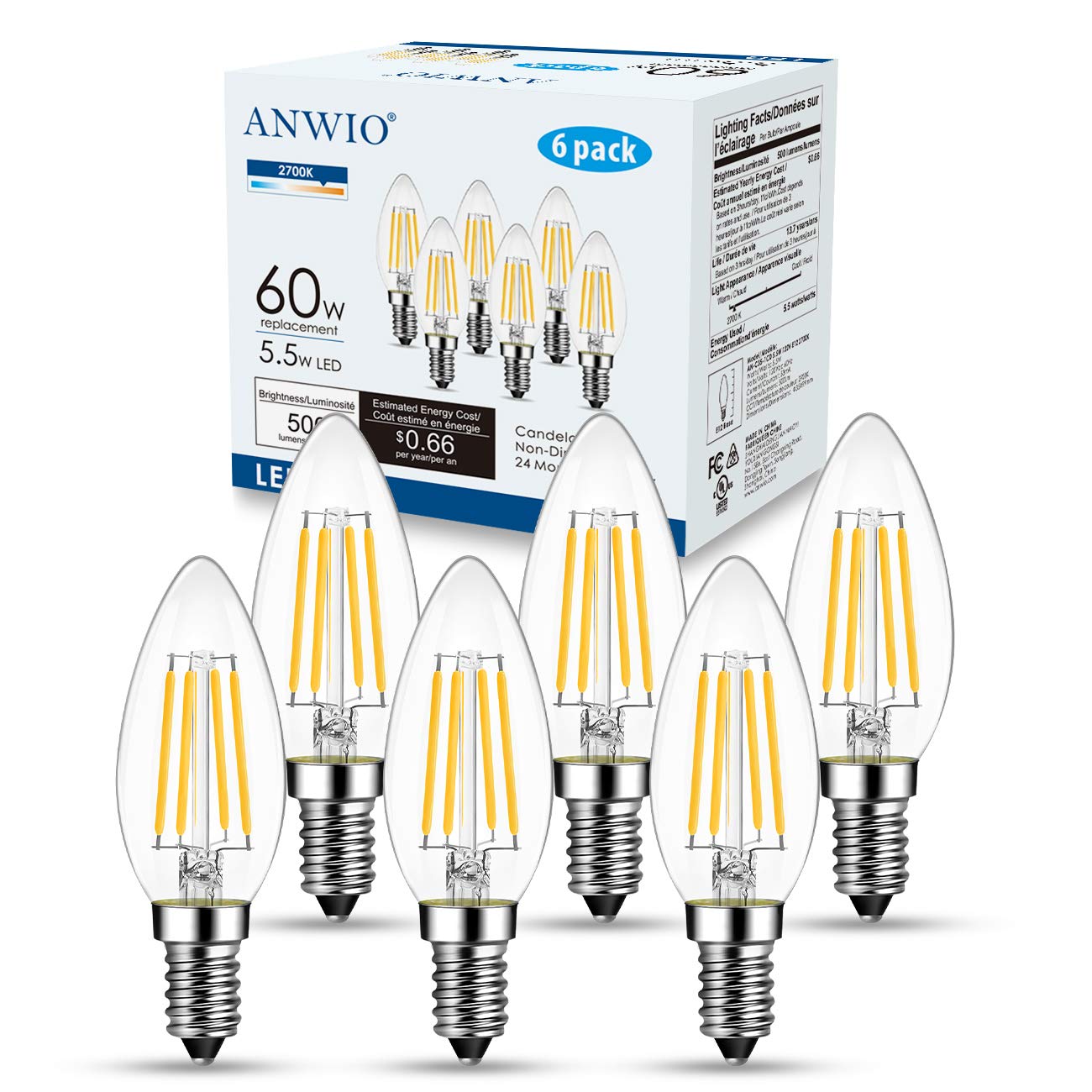 ANWIO B11 LED Filament Bulb E12 Candelabra Medium Base 2700K Warm White, 5.5W(60W Equivalent) 500 Lumens Non-Dimmable Decorative Candle Light Bulb, Pack of 6