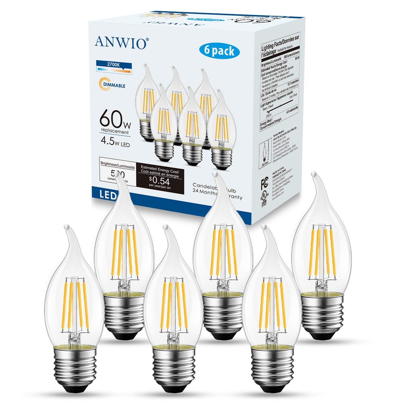 ANWIO C35/CA11 Flame Tip Chandelier Light Bulbs, LED Filament Bulb Candelabra E26 Base, Dimmable 4.5W (60W Equivalent) B11 E26 Medium Base, 2700K Warm White, 6 Pack