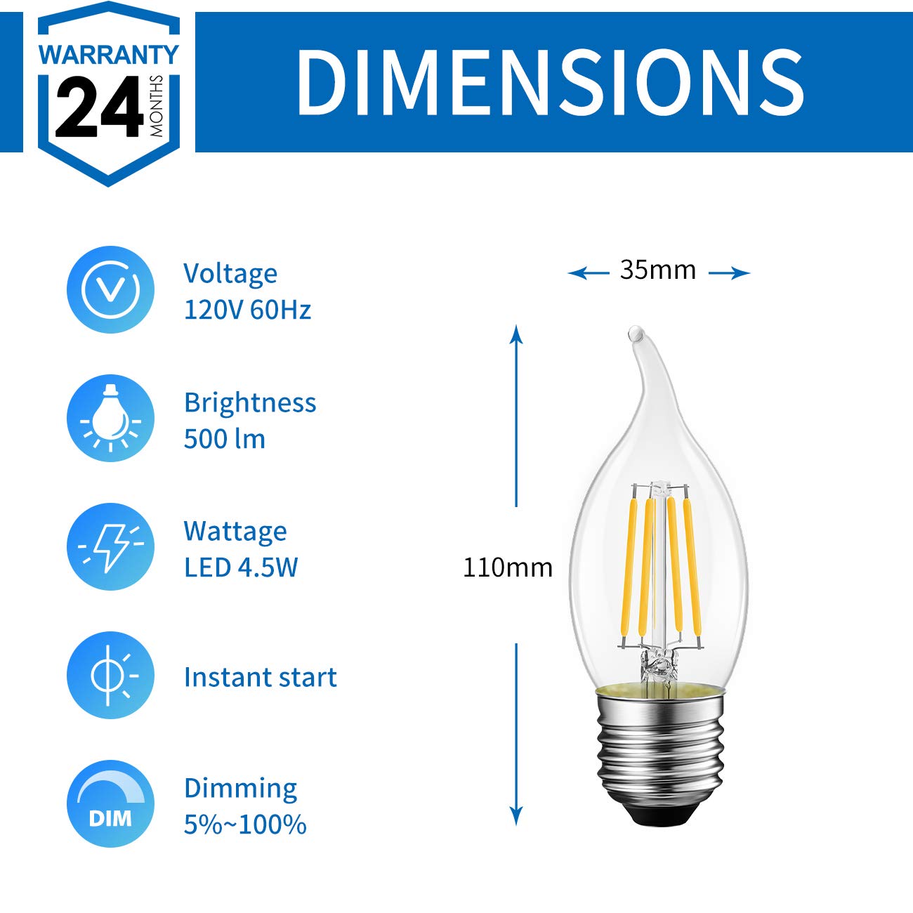 ANWIO C35/CA11 Flame Tip Chandelier Light Bulbs, LED Filament Bulb Candelabra E26 Base, Dimmable 4.5W (60W Equivalent) B11 E26 Medium Base, 2700K Warm White, 6 Pack