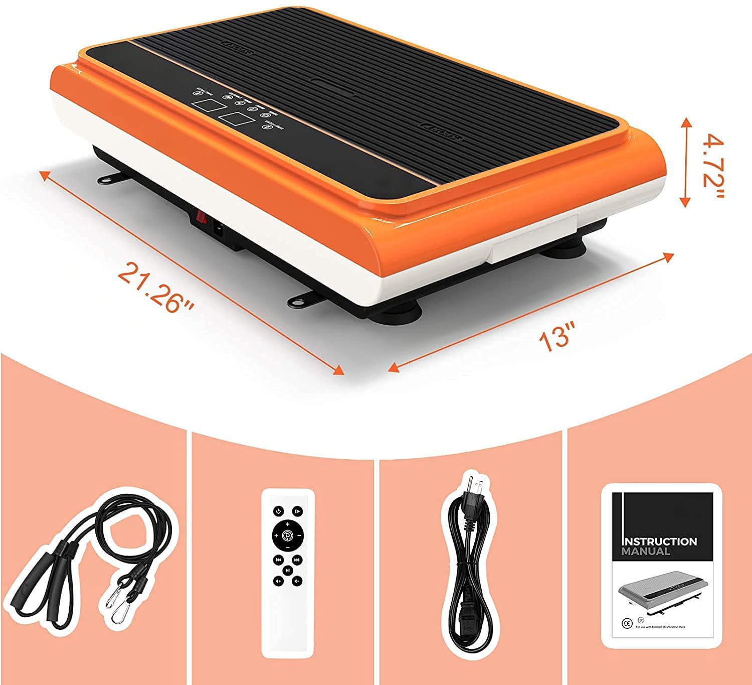 Natini Vibration Plate Exercise Machine Whole Body Vibration Platform Machine with Pilates Bar Resistance Bands for Home Fitness Training Equipment & Weight Loss (Orange)