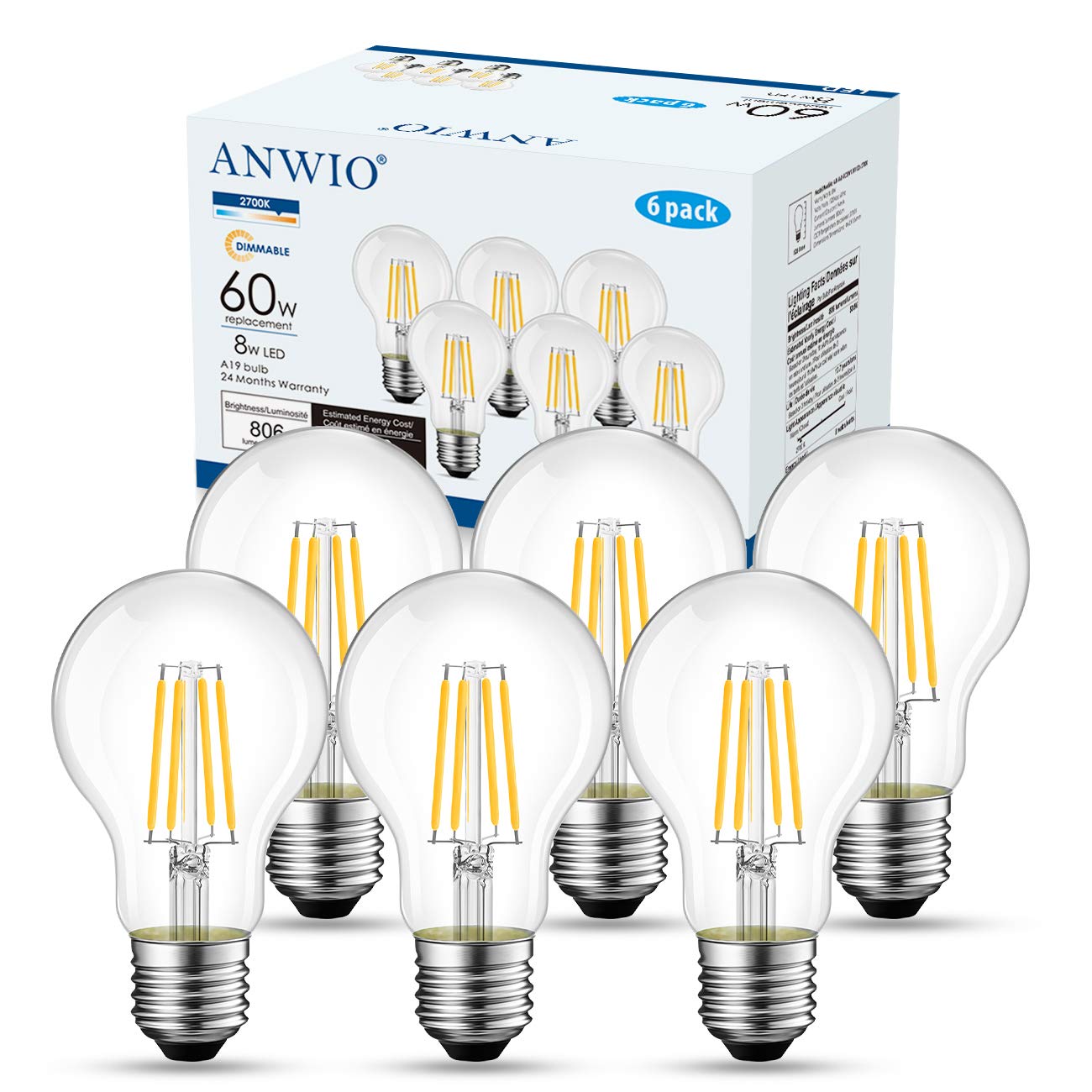 ANWIO A19 LED Vintage LED Filament Bulb E26 Base,Dimmable 8W(60W Equivalent) 2700K Warm White 806 Lumens,Omnidirectional,UL-Listed,Pack of 6