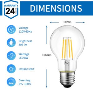 ANWIO A19 LED Vintage LED Filament Bulb E26 Base,Dimmable 8W(60W Equivalent) 2700K Warm White 806 Lumens,Omnidirectional,UL-Listed,Pack of 6