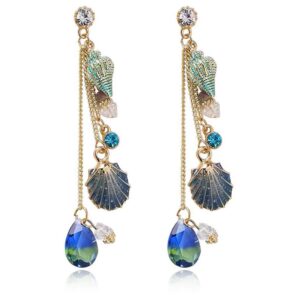 damleng sparkly bohemia long tassel blue ocean shell dangle earrings shine rhinestone scallop beach earrings for women charm statement colorful crystal jewelry (blue)