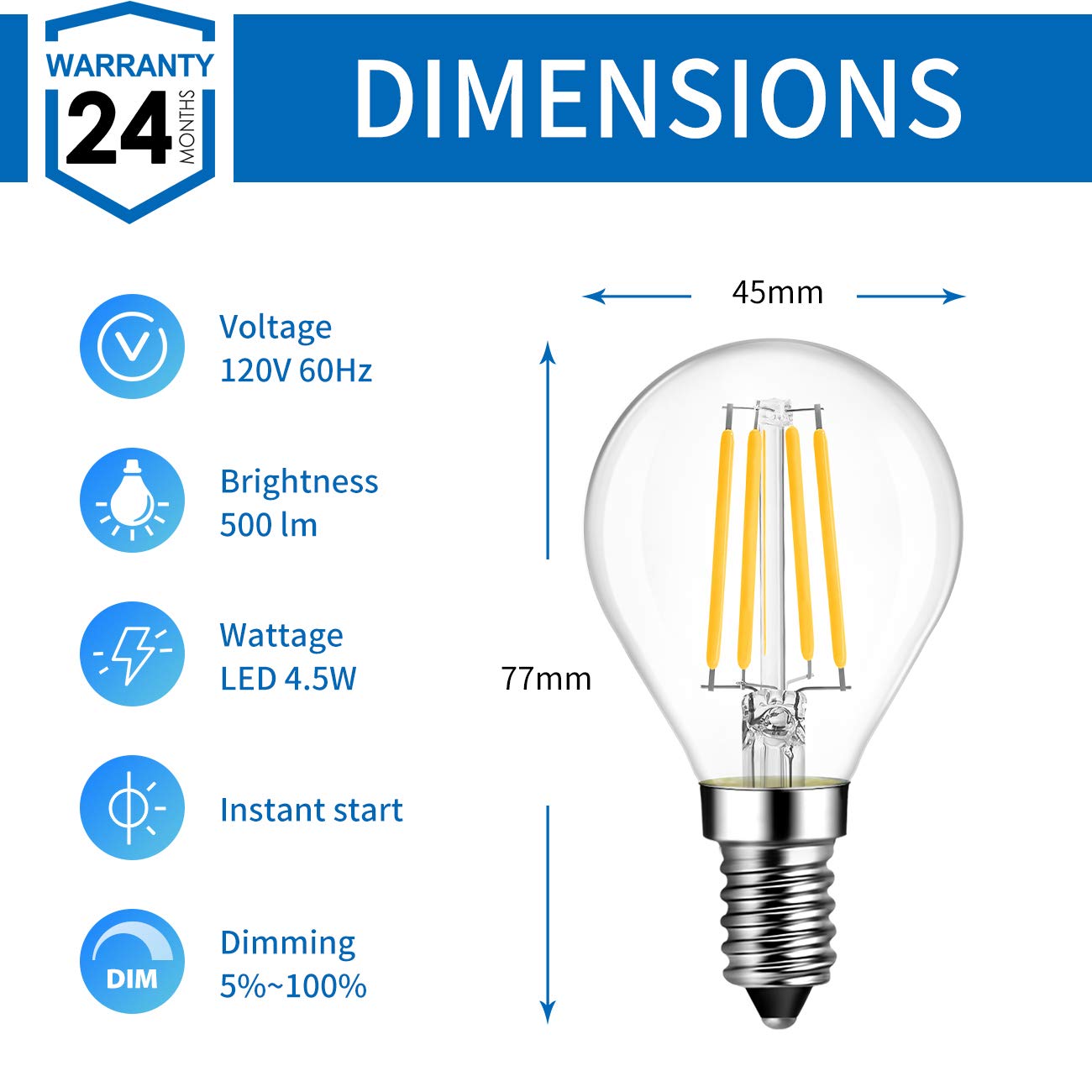 ANWIO G14 LED Globe Filament Bulb E12 Screw Base Dimmable 4.5W(60W Equivalent) 2700K Warm White Chandelier Edison Light Bulb(6-Pack)