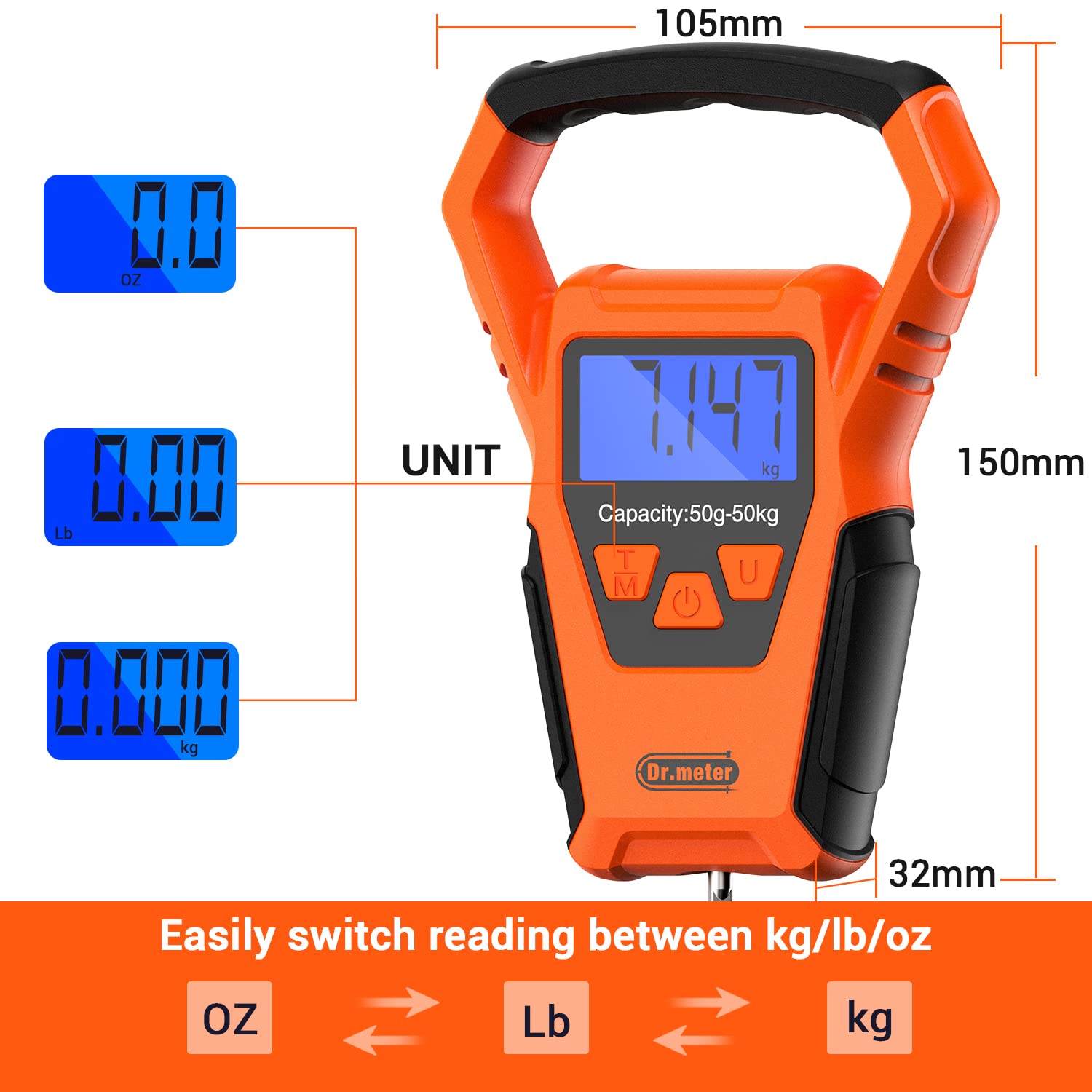 Dr.meter Waterproof Fishing Scale: Upgraded IPX7 110lb/50kg Backlit LCD Display Digital Hanging Scale with Bigger Handle and Hook, Built-in Tape, Battery Included, Fishing Gifts for Men