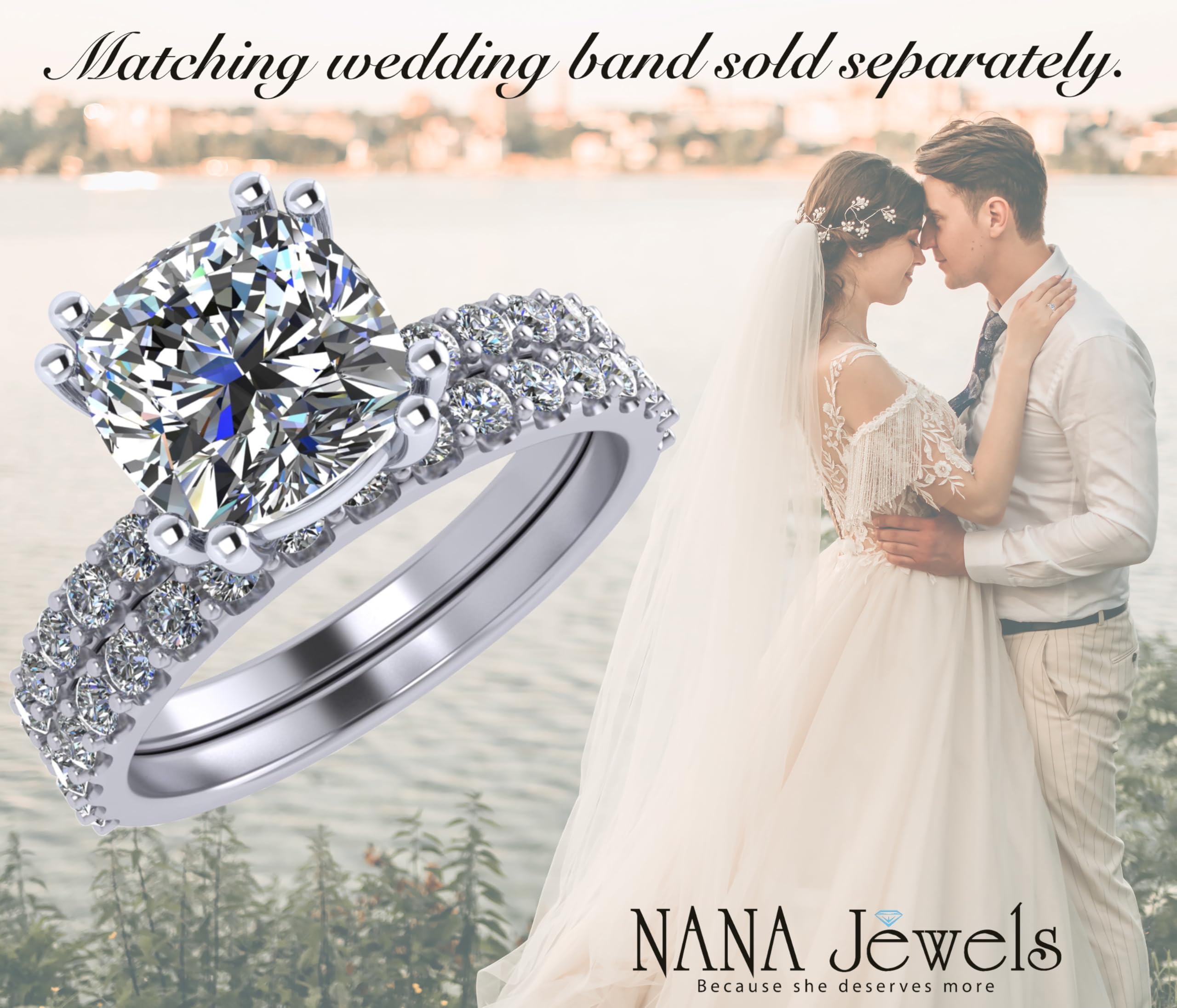 NANA Jewels Silver 7mm (2ct) Cushion Cut Pure Brilliance Zirconia Solitaire w/sides Eng Ring-Rhodium Plated-Size 7