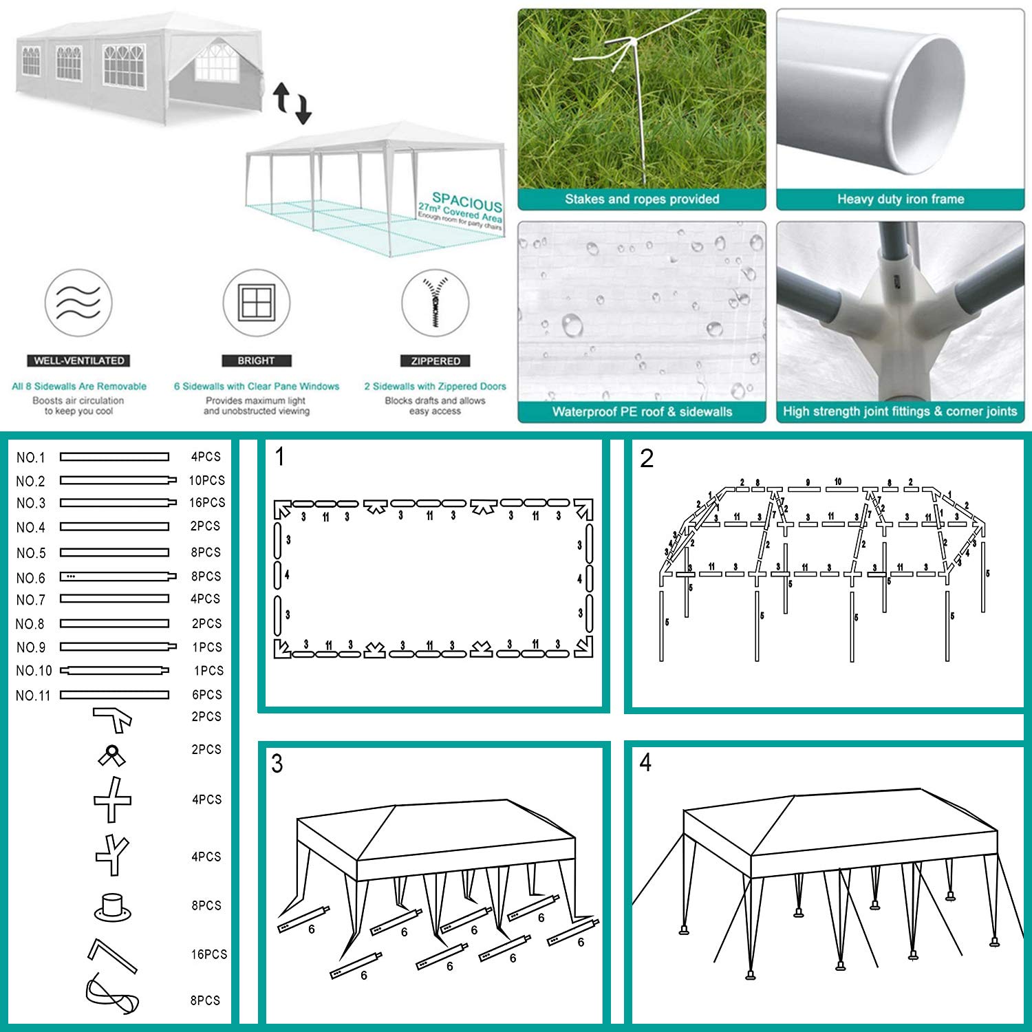 10'x30'x8.5' White Outdoor Gazebo Canopy Tent 8 Removable Walls, for Wedding Tent Party Tent Meeting Tent Camping Tent Commercial Use Backyard Events Etc, Easy to Assemble, Elegant Design