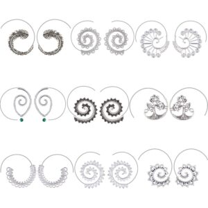 9 Pairs Bohemian Vintage Hoop Earrings Circle Tribal Earrings Swirl Spiral Hoop Earrings for Women, Silver