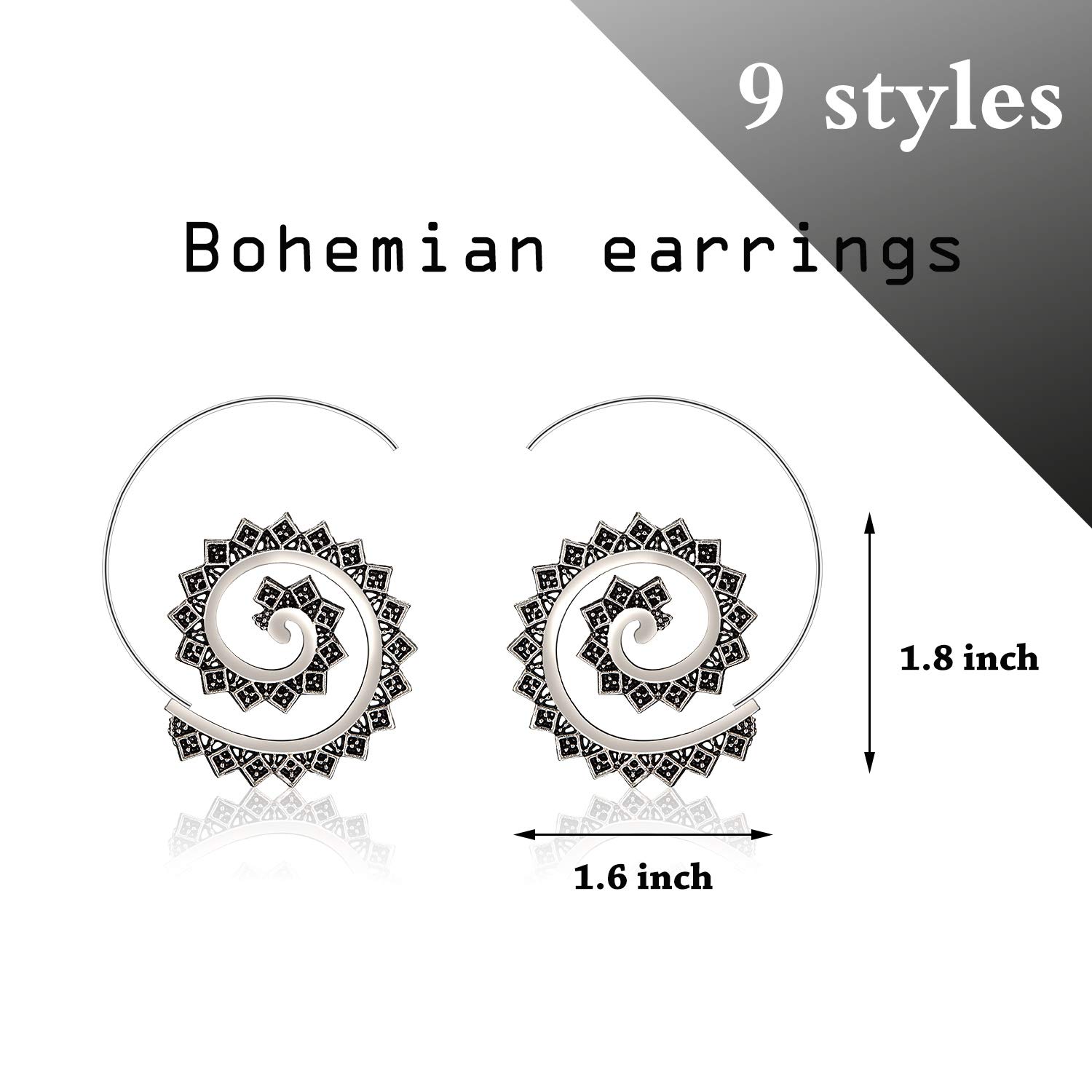 9 Pairs Bohemian Vintage Hoop Earrings Circle Tribal Earrings Swirl Spiral Hoop Earrings for Women, Silver