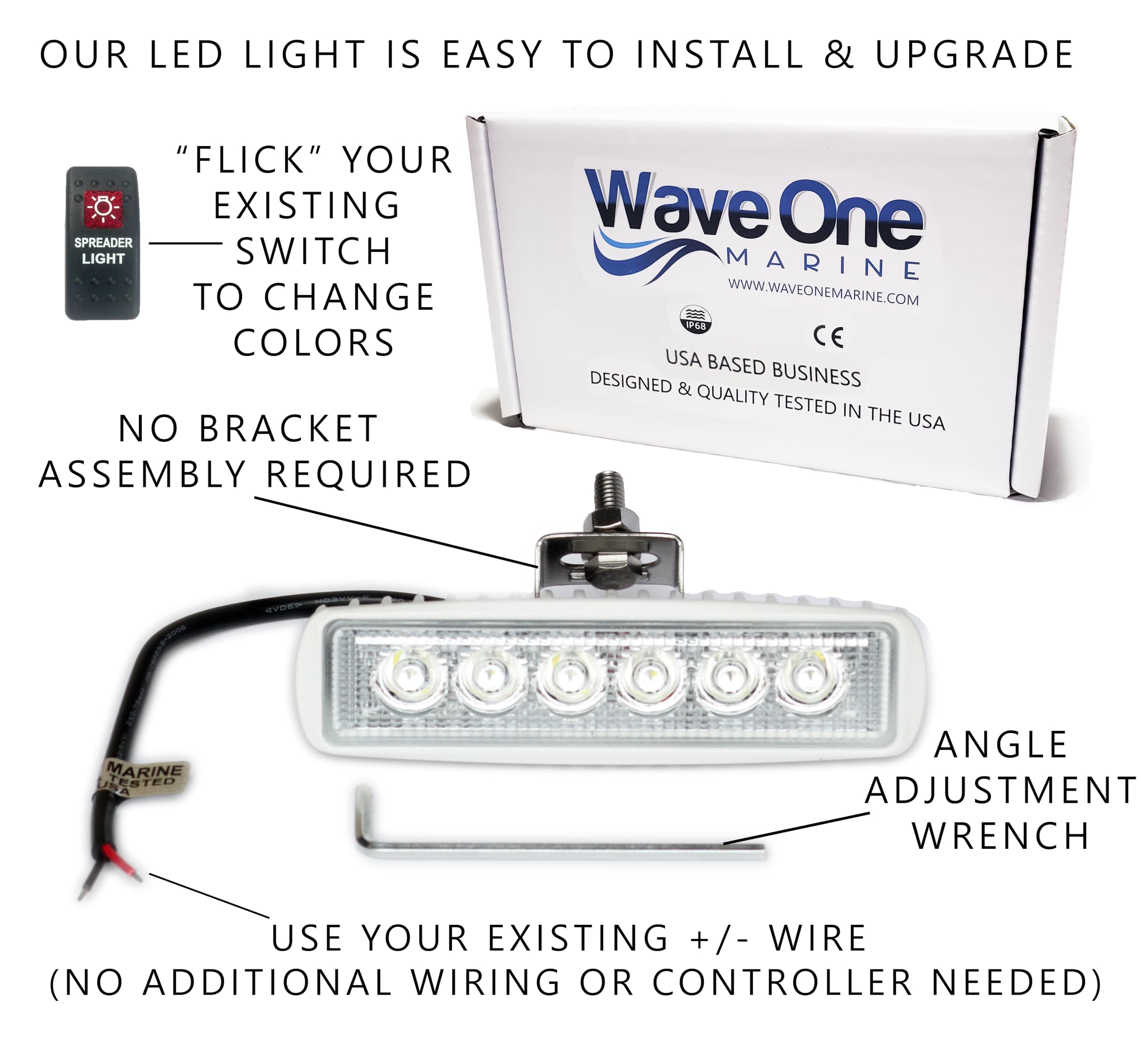 Wave One Marine | Dual Color LED Boat Spreader Light Deck Flood Beam Stainless Hardware & Bracket IP68 Waterproof Multicolor Bright High Lumen Output (White Housing, White & Blue)