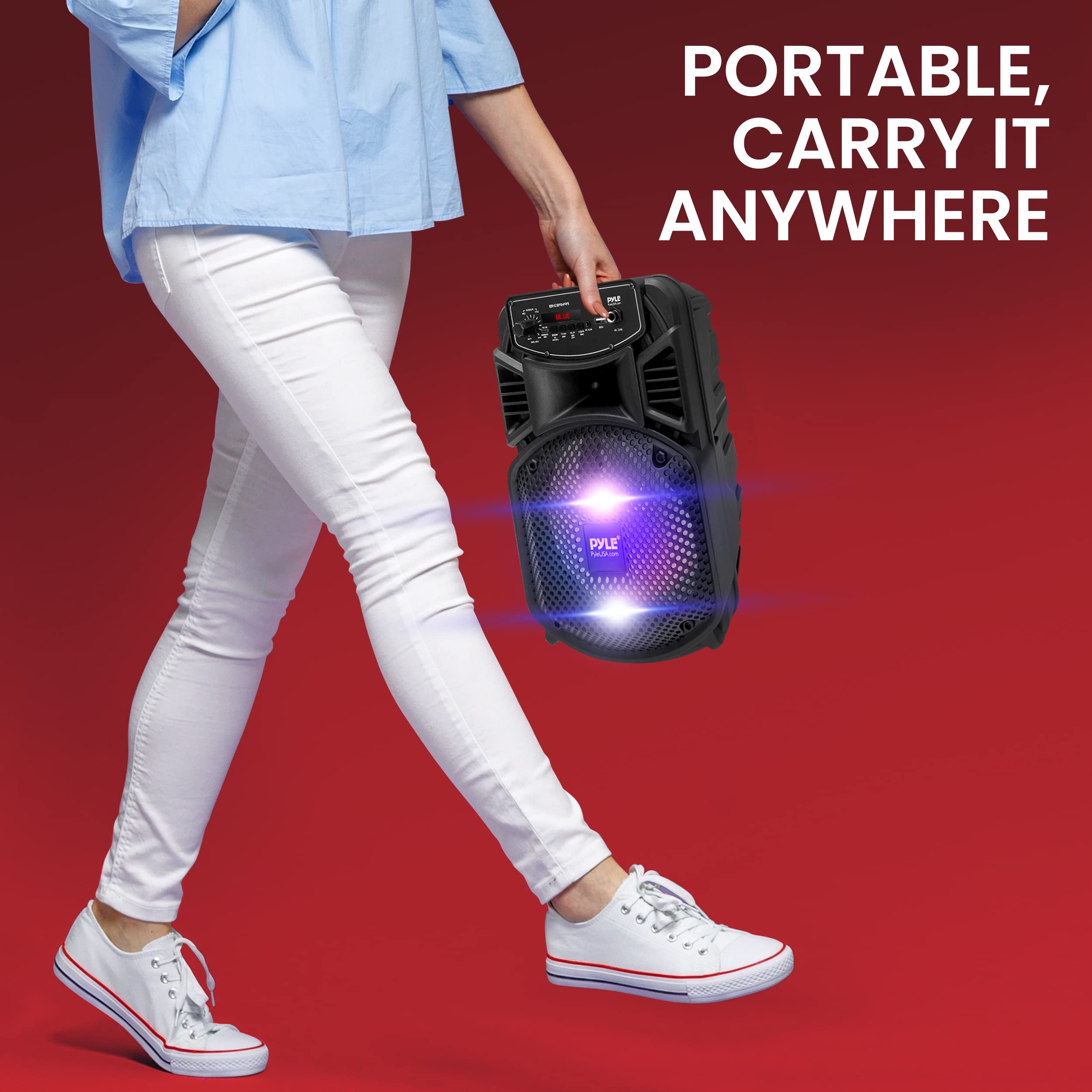 Pyle Portable Bluetooth PA Speaker System-300W Rechargeable Indoor/Outdoor Bluetooth Speaker Portable System w/ 8” Subwoofer 1” Tweeter, Microphone in, Party Lights, MP3/USB, Radio, Remote PPHP834B