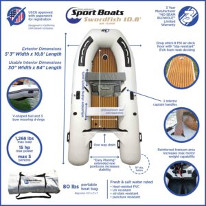 Inflatable Sport Boats - Swordfish 10.8' - Model SB-330A - Air Deck Floor Premium Heat Welded Dinghy with Seat Bag