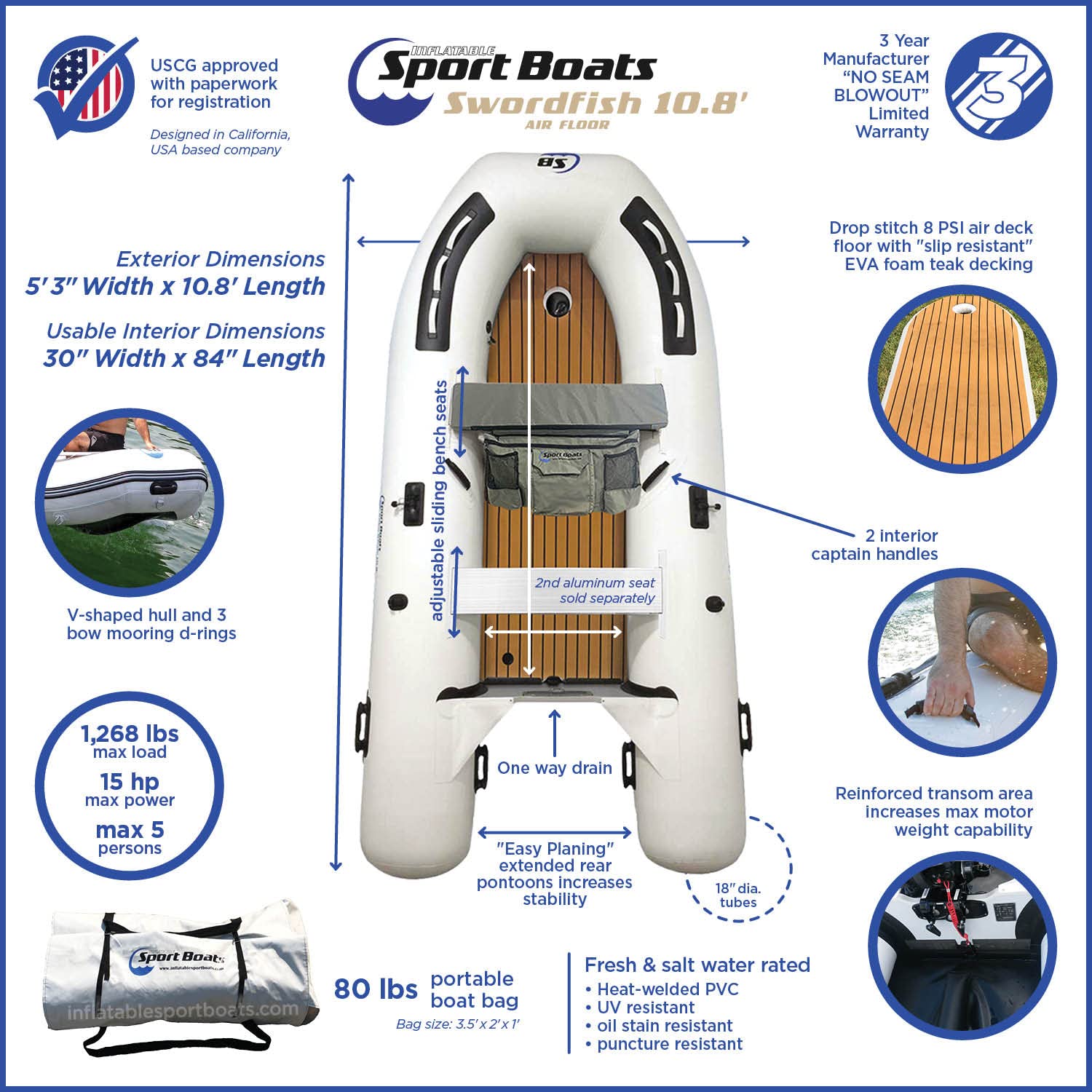 Inflatable Sport Boats - Swordfish 10.8' - Model SB-330A - Air Deck Floor Premium Heat Welded Dinghy with Seat Bag