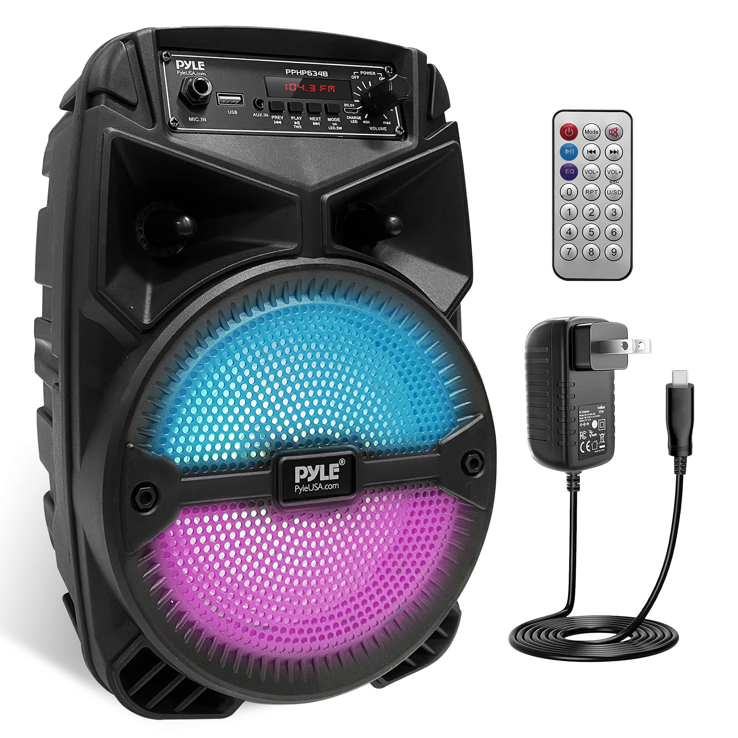 Pyle 240W Rechargeable Outdoor Bluetooth Speaker Portable PA System w/ 6.5” Subwoofer 1” Tweeter, Microphone In, Party Lights, MP3/USB, Radio, Remote - Pyle PPHP634B