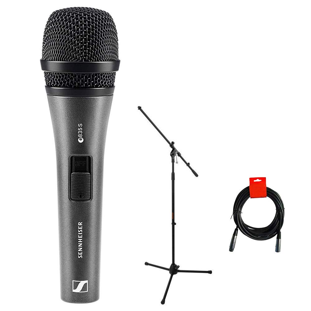 Sennheiser E835-S Dynamic Cardioid Vocal Microphone (on/off switch) with Tripod Mic Stand & XLR-XLR Cable Bundle