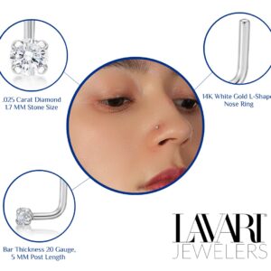 Lavari Jewelers 0.025 Carat Diamond L-Shape Nose Ring for Women in 14k White Gold 20 Gauge