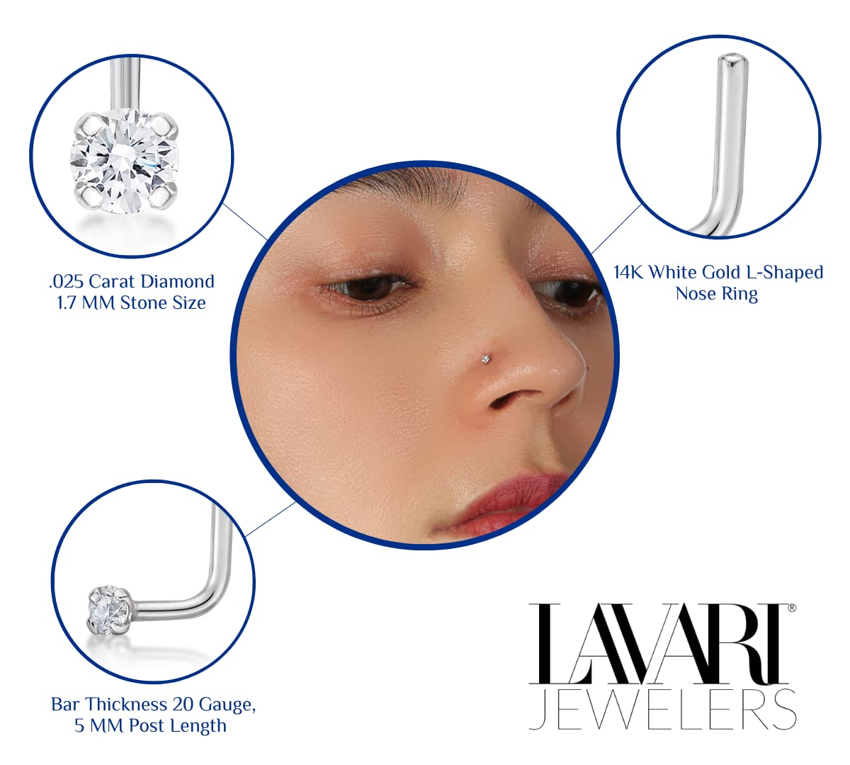 Lavari Jewelers 0.025 Carat Diamond L-Shape Nose Ring for Women in 14k White Gold 20 Gauge